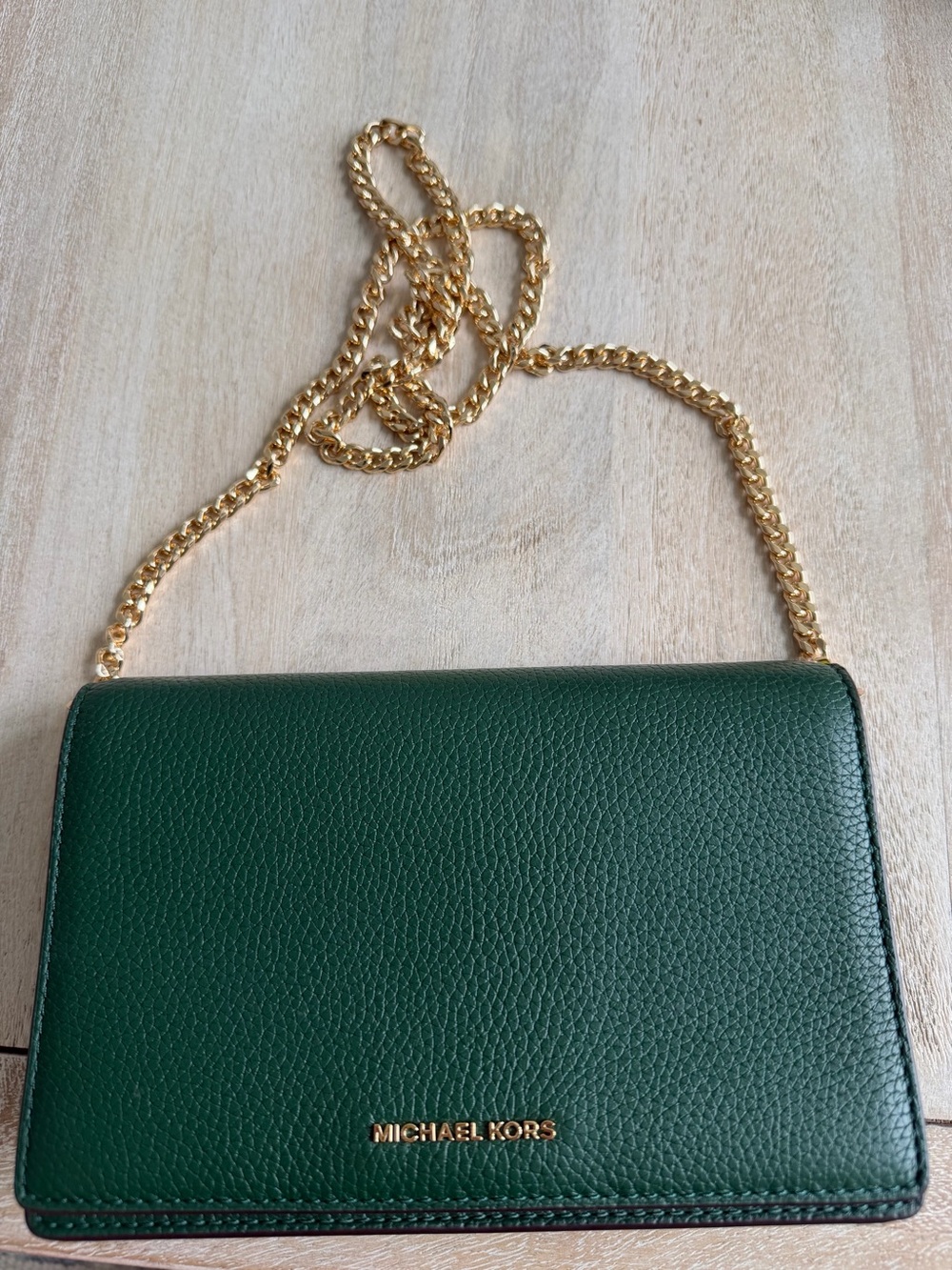 Michael Kors dark green chain wallet on chain